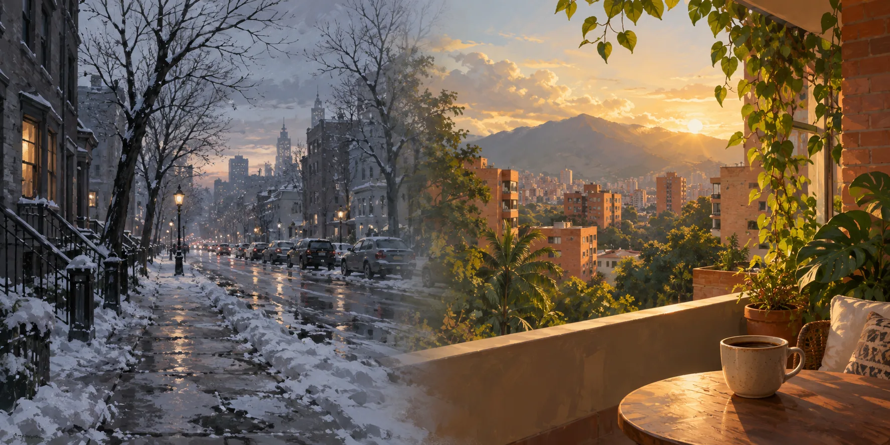 A gray snowy city street on the left dissolving into a sunlit Medellín balcony with a cup of coffee and mountains on the right
